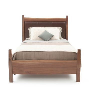 Live Edge Walnut Upholstered Panel Bed - Upholstered Panel in Chocolate Brown Leather 