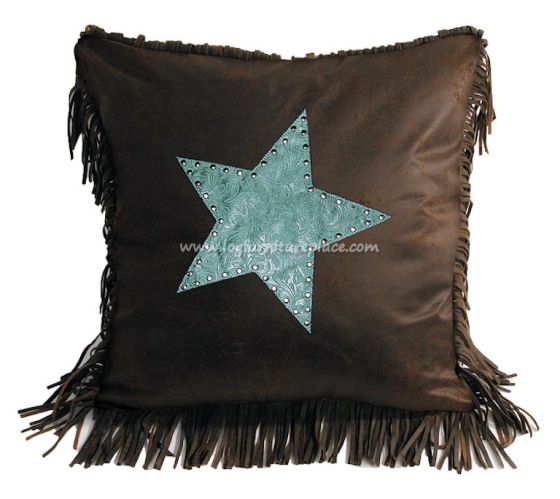 Cheyenne Turquoise Tooled Leather Pillow with Star | leather pillow star
