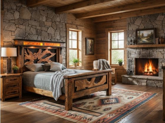 Rustic Barnwood Bed: Some lifestyle images are created with AI for visualization purposes. Crafted from natural solid wood, each piece is unique and will vary.
