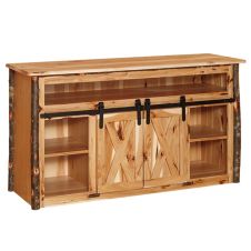 Saranac Hickory Barn Door TV Stand with Opened Doors
