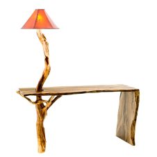Twisted Trails Black Walnut & Juniper Log Sofa Table (pictured w/ a Manzanita branch which has been replaced with twisted Juniper) & Lamp