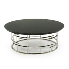 Contemporary Round Cage Coffee Table - Chamfer Edge - Ebony finish - Polished Stainless Steel base