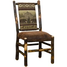 Rustic Upholstered Hickory Log Dining Chair - Bear Mountain Backrest Fabric