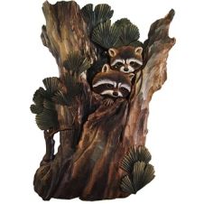 Raccoon Family in Tree Stump Wood Wall Art