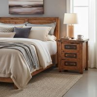Barnwood Nightstand: Some lifestyle images are created with AI for visualization purposes. Crafted from natural solid wood, each piece is unique and will vary.