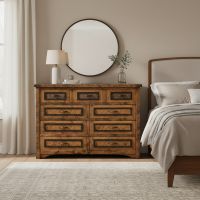 Rustic 9 Drawer Dresser: Some lifestyle images are created with AI for visualization purposes. Crafted from natural solid wood, each piece is unique and will vary.
