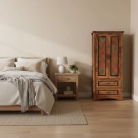 Panel Armoire: Some lifestyle images are created with AI for visualization purposes. Crafted from natural solid wood, each piece is unique and will vary.