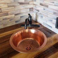 14" Round Polished Copper Hammered Copper Bar & Prep Sink - 2" Drain
