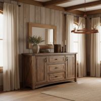 Rustic Rough Sawn Sideboard: Some lifestyle images are created with AI for visualization purposes. Crafted from natural solid wood, each piece is unique and will vary.