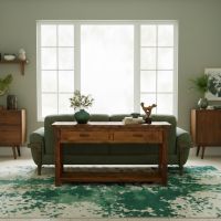 Rustic Sofa Table: Some lifestyle images are created with AI for visualization purposes. Crafted from natural solid wood, each piece is unique and will vary.
