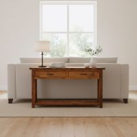 Barn Wood Sofa Table: Some lifestyle images are created with AI for visualization purposes. Crafted from natural solid wood, each piece is unique and will vary.