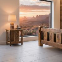 Rustic Barn Wood Nightstand: Some lifestyle images are created with AI for visualization purposes. Crafted from natural solid wood, each piece is unique and will vary.
