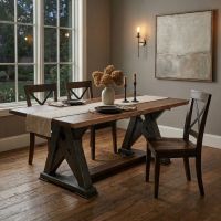 Trestle Dining Table: Some lifestyle images are created with AI for visualization purposes. Crafted from natural solid wood, each piece is unique and will vary.