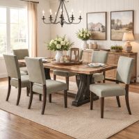 Trestle Dining Table: Some lifestyle images are created with AI for visualization purposes. Crafted from natural solid wood, each piece is unique and will vary.