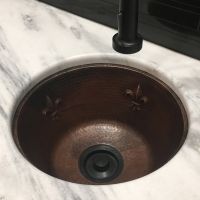 16" Round Fleur De Lis Oil Rubbed Bronze Hammered Copper Bar & Prep Sink - 3.5" Drain