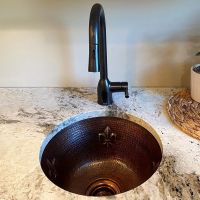 16" Round Fleur De Lis Oil Rubbed Bronze Hammered Copper Bar & Prep Sink - 3.5" Drain