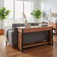 Modern Sofa Table: Some lifestyle images are created with AI for visualization purposes. Crafted from natural solid wood, each piece is unique and will vary.