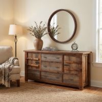 Rustic Barn Wood Sideboard: Some lifestyle images are created with AI for visualization purposes. Crafted from natural solid wood, each piece is unique and will vary.