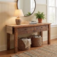 Rustic Barn Wood Sofa Table: Some lifestyle images are created with AI for visualization purposes. Crafted from natural solid wood, each piece is unique and will vary.