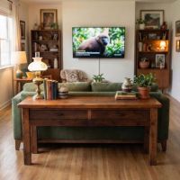 Sofa Table: Some lifestyle images are created with AI for visualization purposes. Crafted from natural solid wood, each piece is unique and will vary.