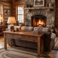 Rustic Sofa Table: Some lifestyle images are created with AI for visualization purposes. Crafted from natural solid wood, each piece is unique and will vary.