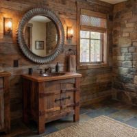 Barnwood Vanity: Some lifestyle images are created with AI for visualization purposes. Crafted from natural solid wood, each piece is unique and will vary.
