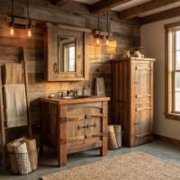 Rustic Vanity: Some lifestyle images are created with AI for visualization purposes. Crafted from natural solid wood, each piece is unique and will vary.