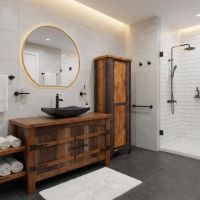 Barn Wood Vanity: Some lifestyle images are created with AI for visualization purposes. Crafted from natural solid wood, each piece is unique and will vary.