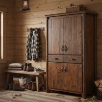 Log Armoire: Some lifestyle images are created with AI for visualization purposes. Crafted from natural solid wood, each piece is unique and will vary.