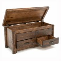 Olde Towne 2 Drawer Log Blanket Box in Barnwood Lager Finish. Shown with open drawer and top.