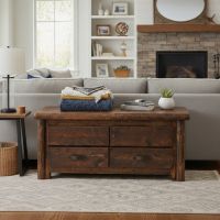 Log Blanket Chest: Some lifestyle images are created with AI for visualization purposes. Crafted from natural solid wood, each piece is unique and will vary.