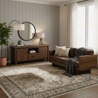 Log Entertainment Center: Some lifestyle images are created with AI for visualization purposes. Crafted from natural solid wood, each piece is unique and will vary.