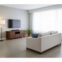 Cedar Entertainment Center: Some lifestyle images are created with AI for visualization purposes. Crafted from natural solid wood, each piece is unique and will vary.