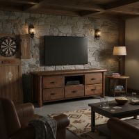 Rustic TV Stand: Some lifestyle images are created with AI for visualization purposes. Crafted from natural solid wood, each piece is unique and will vary.