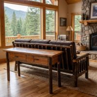 Hickory and Barnwood Sofa Table: Some lifestyle images are created with AI for visualization purposes. Crafted from natural solid wood, each piece is unique and will vary.