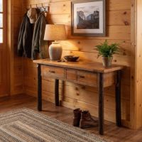 Hickory and Barnwood Sofa Table: Some lifestyle images are created with AI for visualization purposes. Crafted from natural solid wood, each piece is unique and will vary.