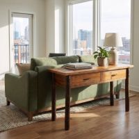 Hickory and Barnwood Sofa Table: Some lifestyle images are created with AI for visualization purposes. Crafted from natural solid wood, each piece is unique and will vary.