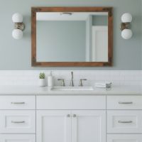 Bathroom Mirror: Some lifestyle images are created with AI for visualization purposes. Crafted from natural solid wood, each piece is unique and will vary.