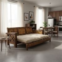 Barnwood Futon: Some lifestyle images are created with AI for visualization purposes. Crafted from natural solid wood, each piece is unique and will vary.