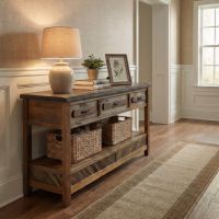 3 Drawer Sofa Table: Some lifestyle images are created with AI for visualization purposes. Crafted from natural solid wood, each piece is unique and will vary.