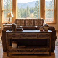 3 Drawer Sofa Table: Some lifestyle images are created with AI for visualization purposes. Crafted from natural solid wood, each piece is unique and will vary.