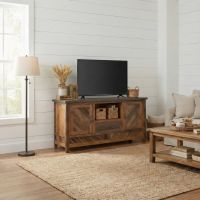 2 Door 1 Drawer TV Stand: Some lifestyle images are created with AI for visualization purposes. Crafted from natural solid wood, each piece is unique and will vary.