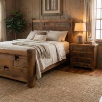 Rustic Barn Wood Nightstand: Some lifestyle images are created with AI for visualization purposes. Crafted from natural solid wood, each piece is unique and will vary.