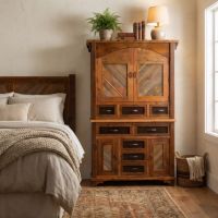 Rustic Barn Wood Armoire: Some lifestyle images are created with AI for visualization purposes. Crafted from natural solid wood, each piece is unique and will vary.