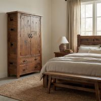 Rustic Barn Wood Armoire: Some lifestyle images are created with AI for visualization purposes. Crafted from natural solid wood, each piece is unique and will vary.