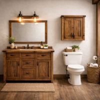 Real Wood Vanity: Some lifestyle images are created with AI for visualization purposes. Crafted from natural solid wood, each piece is unique and will vary.