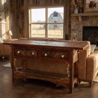 Barn Wood Console Table: Some lifestyle images are created with AI for visualization purposes. Crafted from natural solid wood, each piece is unique and will vary.