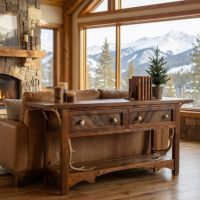 Barn Wood Console Table: Some lifestyle images are created with AI for visualization purposes. Crafted from natural solid wood, each piece is unique and will vary.