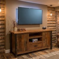 Barnwood TV stand: Some lifestyle images are created with AI for visualization purposes. Crafted from natural solid wood, each piece is unique and will vary.