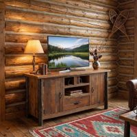 Barnwood TV stand: Some lifestyle images are created with AI for visualization purposes. Crafted from natural solid wood, each piece is unique and will vary.